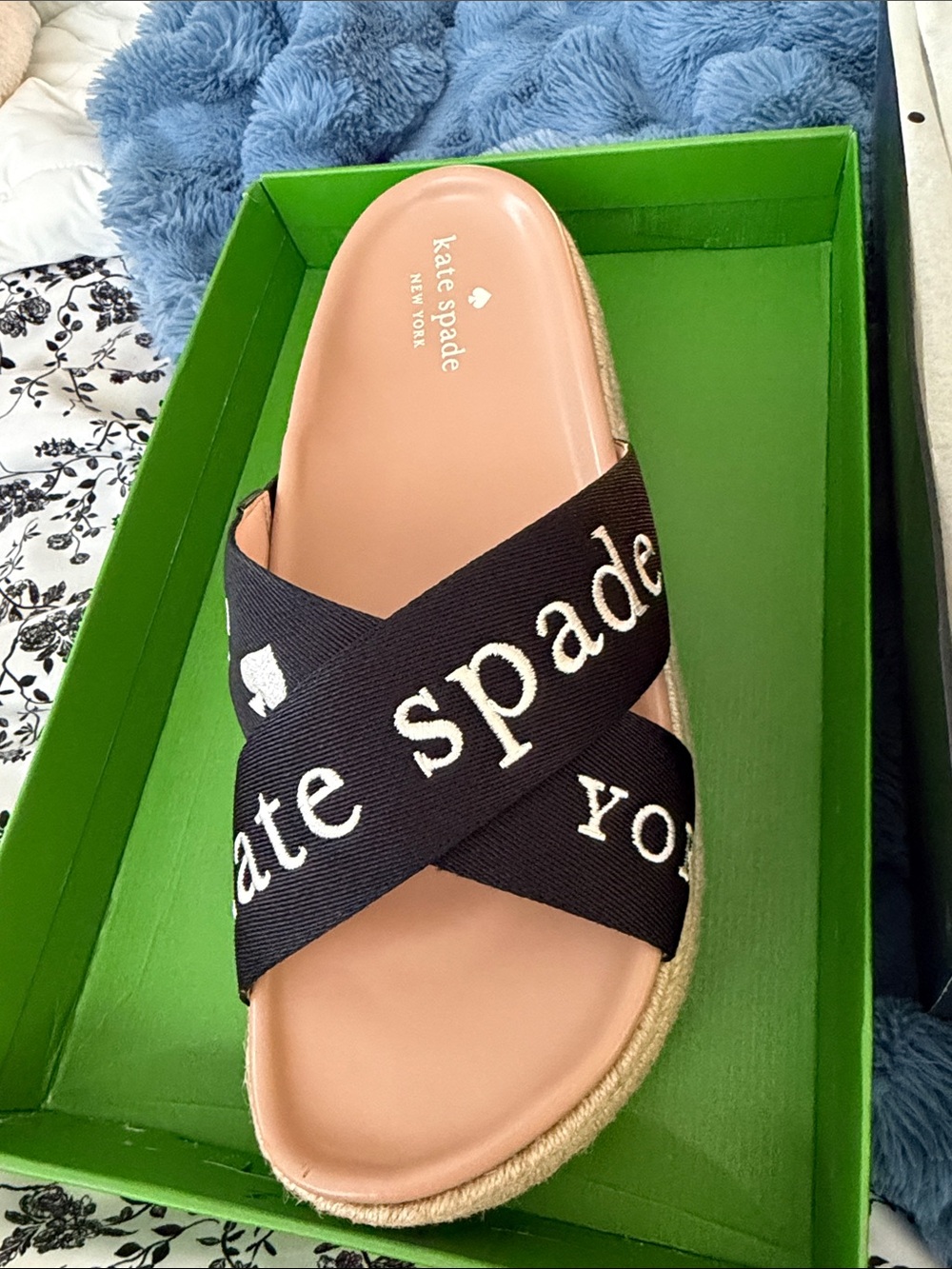 kate spade Black Crossband Logo Slide Sandal with Nude Footbed